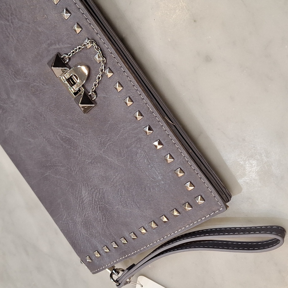 New‎ with Tags Gray Faux Leather Studded Envelope Wristlet Purse
